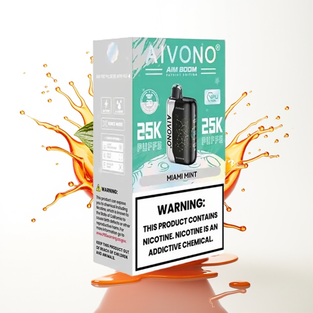 Aivono AIM BOOM 25000 نَفَثات نعناع ميامي - سعة 28مل، بطارية 650mAh، شحن Type-C، قوة نيكوتين 0%-5%