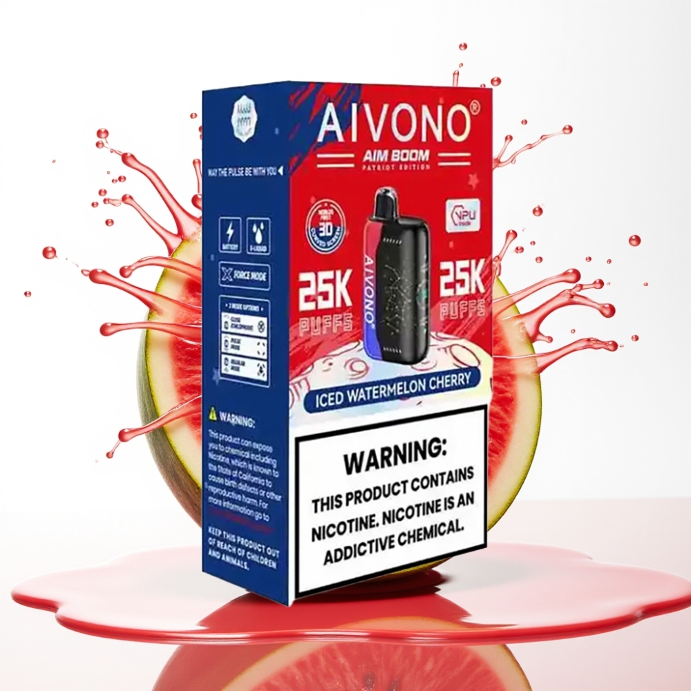 Aivono AIM BOOM 25000 نفخة - بطارية 650mAh - سعة 28مل - بنكهة البطيخ المثلج والكرز - شاحن Type-C - مقاوم 1.2 أوم