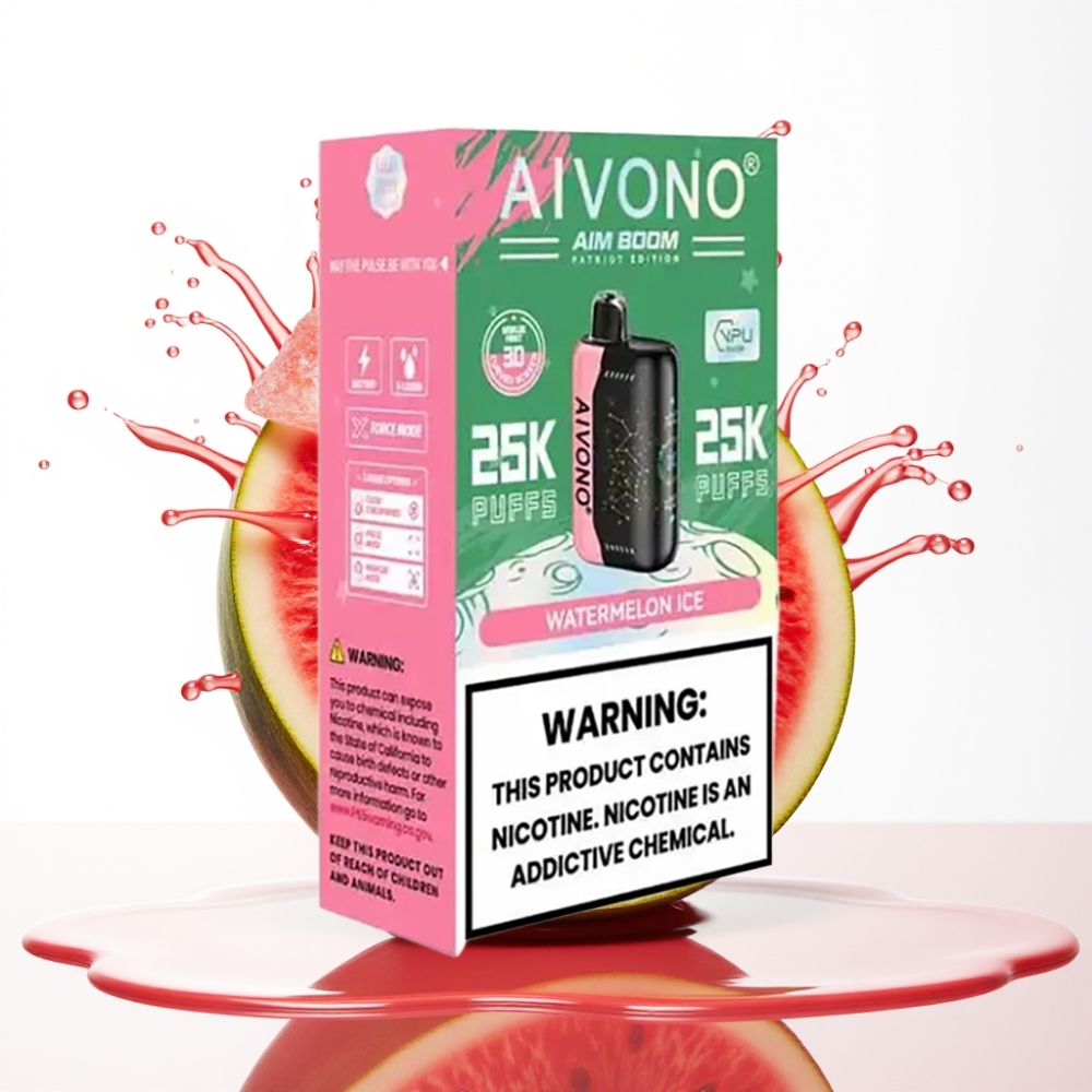 Aivono Aim Boom 25000 Puffs سيجارة إلكترونية للاستخدام مرة واحدة بطيخ مثلج - 28ml سعة سائل - 650mAh بطارية - 1.2 أوم ملف شبكي - شحن Type-C - 90g وزن