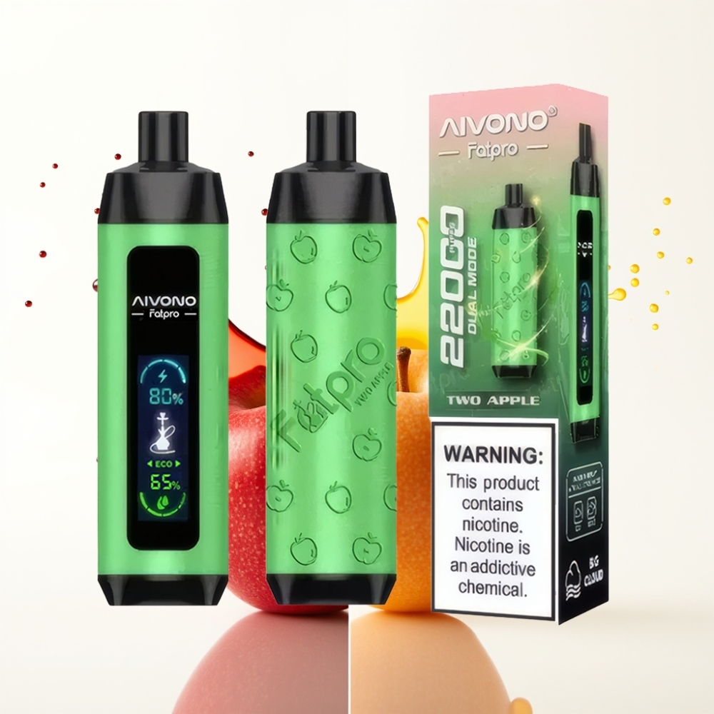 Aivono AIM FATPRO 22000 نفخة سيجارة إلكترونية بتفاحتين، 28مل سائل، 0.6 أوم، شاحن 600 مللي أمبير، نيكوتين 0%-5%، 10 نكهات