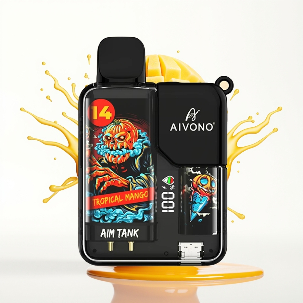 Aivono AIM-TANK 9500 Puffs بخاخ استوائي مانجو - سعة 18مل - بطارية 650 مللي أمبير - شاشة عرض