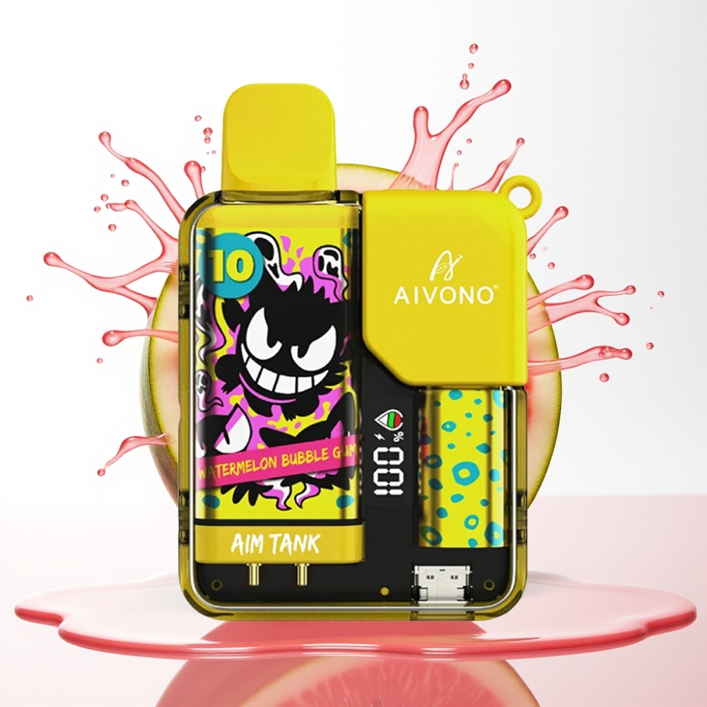 Aivono Aim Tank 9500 نفخة - بطارية 650mAh - شاشة LCD - بنكهة بطيخ وعلكة فقاعية - سعة 18مل - 0%، 2%، 3%، 5% نيكوتين - ملف شبكي 1.2 أوم