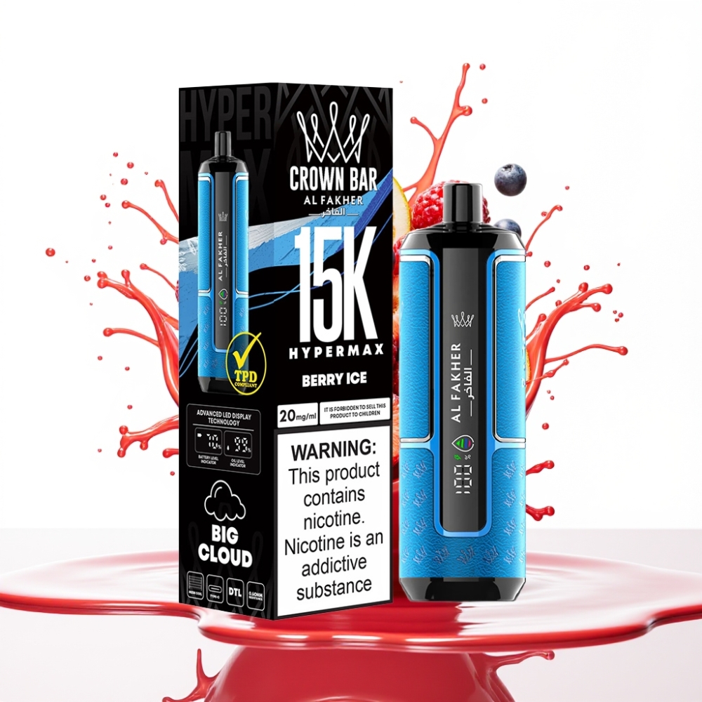 Al Fakher Crown Bar 15K Hypermax جهاز تبخير قابل للتخلص بتوت مثلج - سعة 22مل، 15000 نفخة، بطارية 600 مللي أمبير، شحن منفذ Type-C