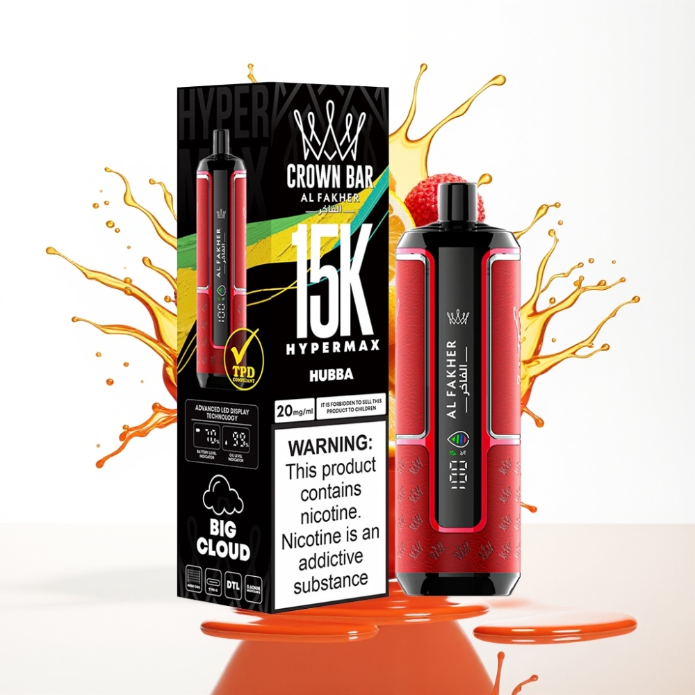Al Fakher Crown Bar 15K Hypermax جهاز تبخير قابل للتصريف بسعة 22 مل و 15000 نفخة وبطارية 600 مللي أمبير وشحن منفذ Type-C