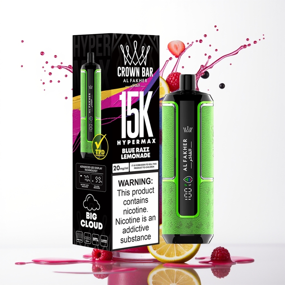 Al Fakher Crown Bar 15K Hypermax جهاز تبخير قابل للتصريف بنكهة التوت الأزرق والليموناضة - سعة 22مل، 15000 نفخة، بطارية 600 مللي أمبير، شحن Type-C