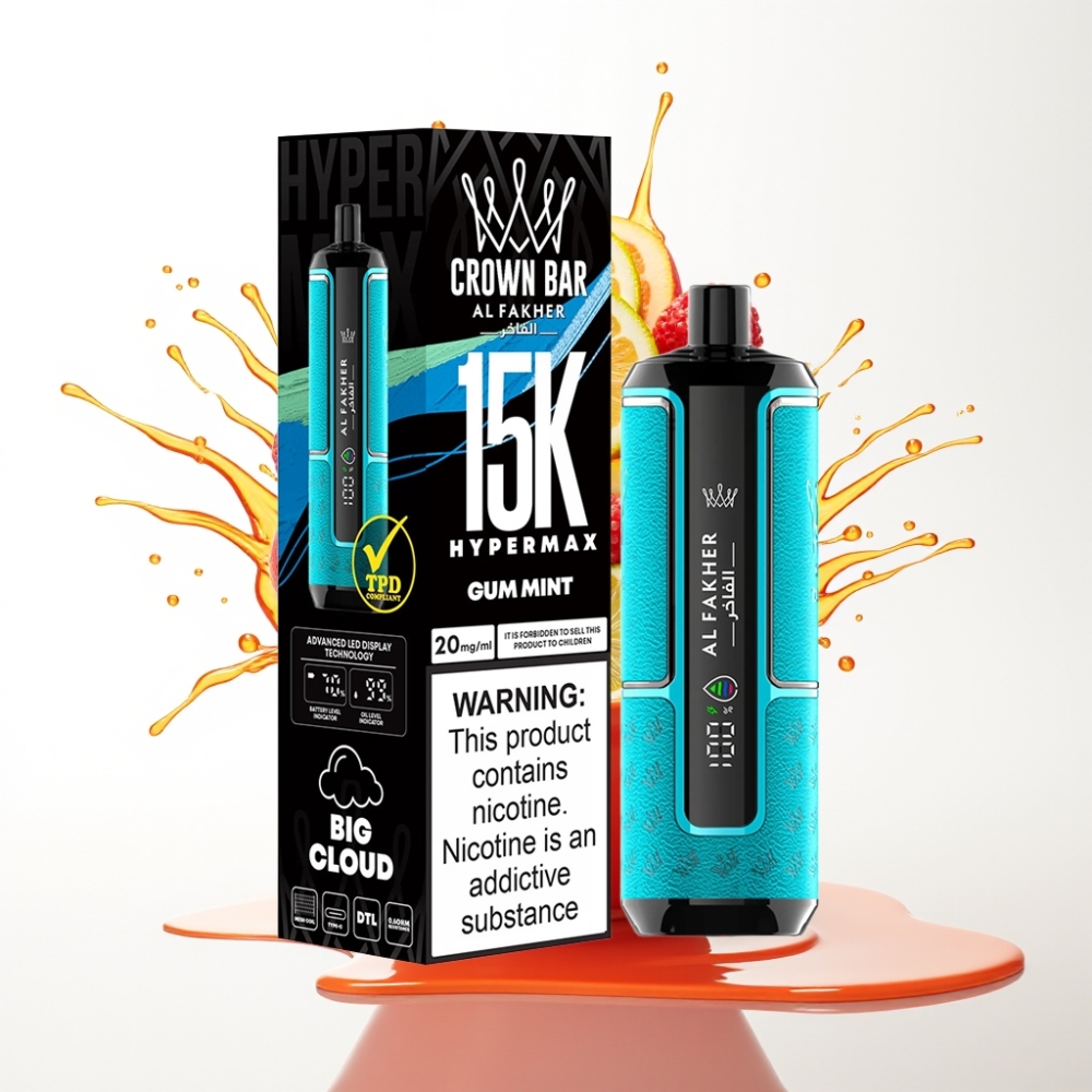 Al Fakher Crown Bar 15K Hypermax سيجارة إلكترونية للاستخدام مرة واحدة Kit بنعناع اللبان - سعة 22مل، 15000 نفخة، شحن Type-C، بطارية 600 مللي أمبير