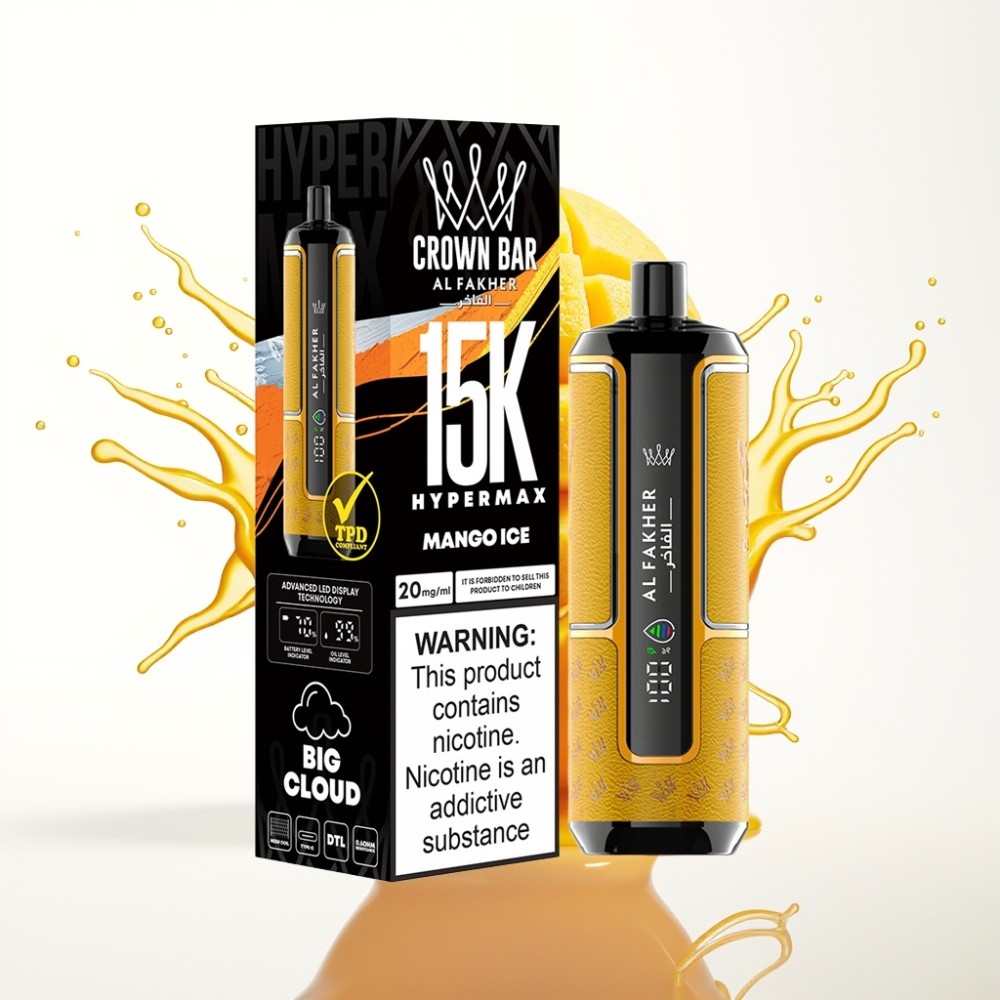 Al Fakher Crown Bar 15K Hypermax سيجارة إلكترونية للاستخدام مرة واحدة Kit 22ml 600mAh Type-C 15K Puffs DTL 6mg Mango Ice