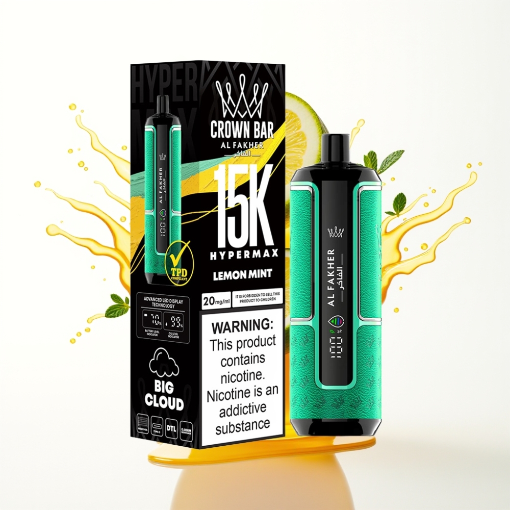 Al Fakher Crown Bar 15K Hypermax سيجارة إلكترونية للاستخدام مرة واحدة Kit Lemon Mint – 22ml السائل الإلكتروني