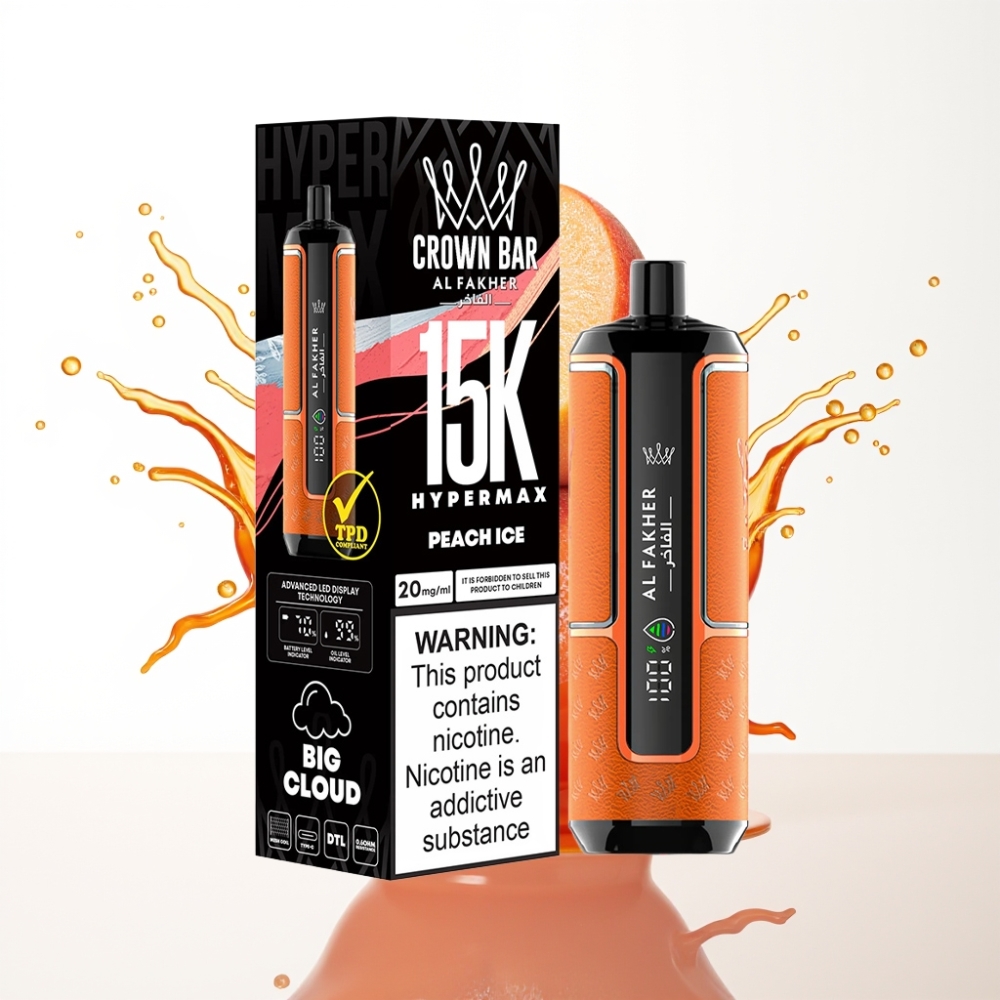 Al Fakher Crown Bar 15K Hypermax سيجارة إلكترونية للاستخدام مرة واحدة Kit Peach Ice - 22ml سعة، 600mAh بطارية، 15