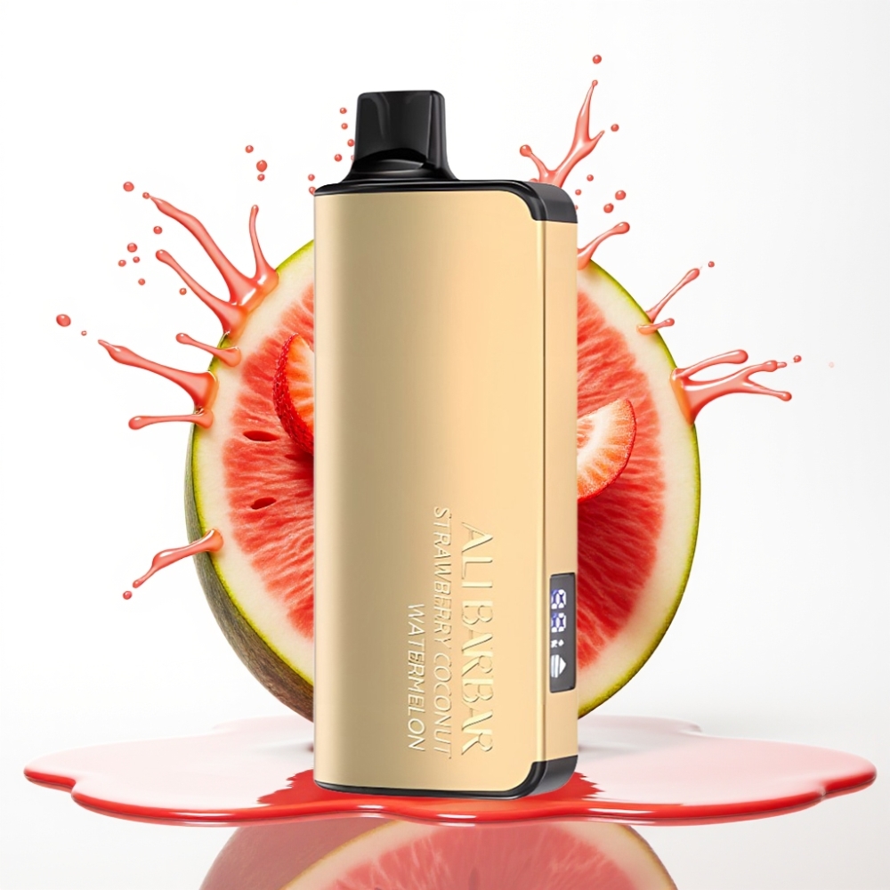 Alibarbar Ingot 9000 Puffs سيجارة إلكترونية للاستخدام مرة واحدة - فراولة، جوز الهند، بطيخ - 22مل سعة سائل، 2350مل أمبير بطارية، شاشة LED