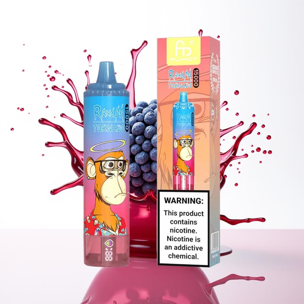 RandM Fumot Tornado 15000 Puffs 25ml شيشة الكترونية نكهة التوت الأزرق والكرز بشاشة LCD وشاحن Type-C
