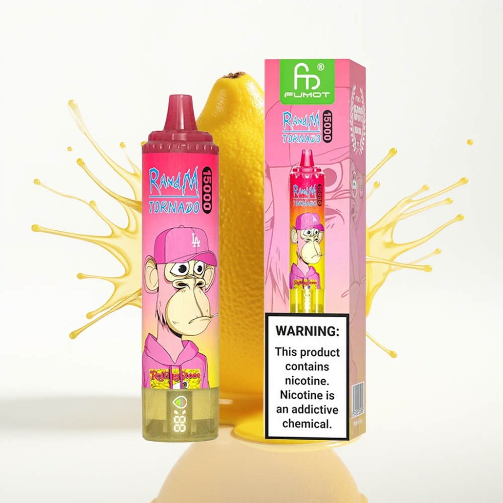 RandM Fumot Tornado 15000 Puffs بشاشة LCD وملء سائل 25ml بطارية 850mAh بنكهة الليمون