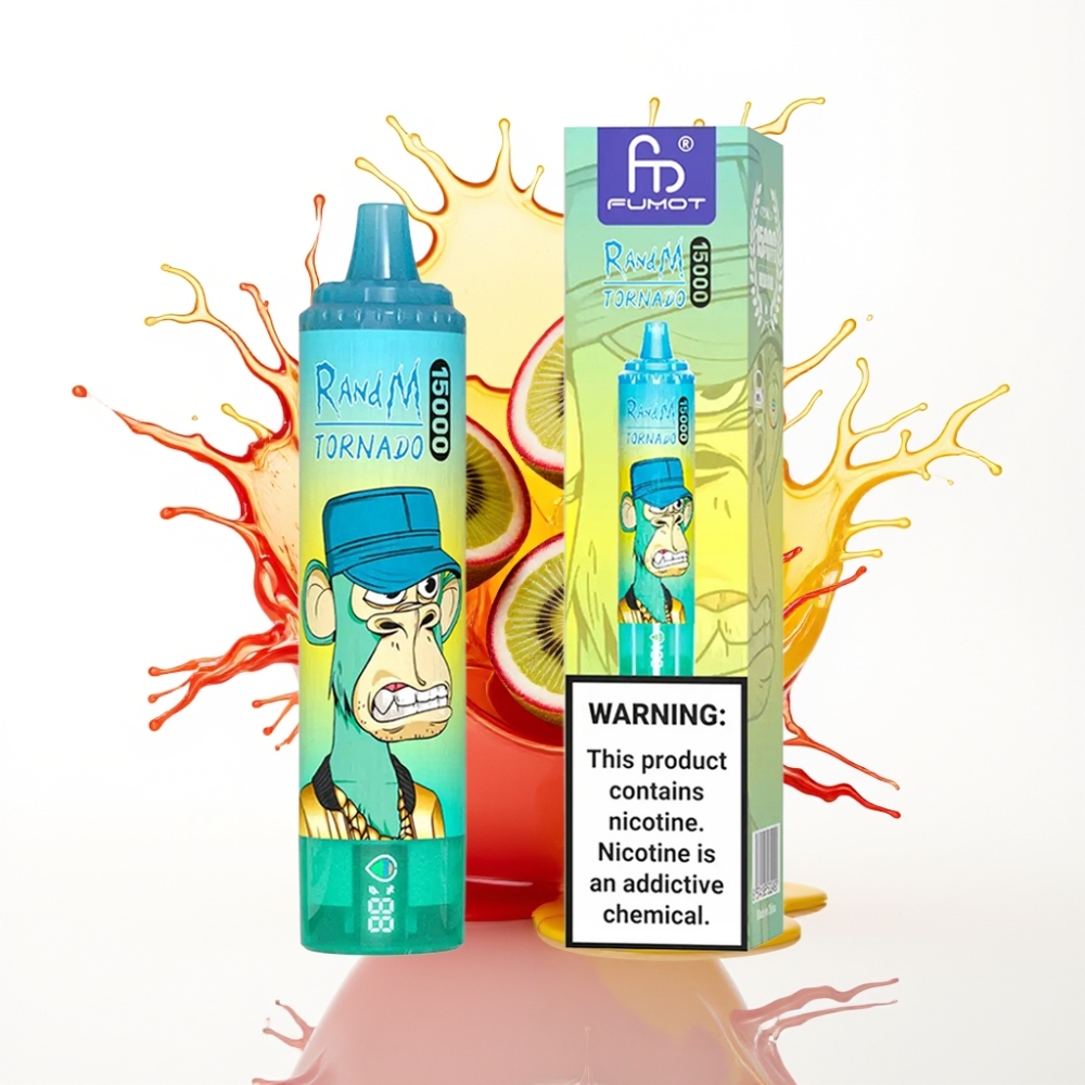 RandM Fumot Tornado 15000 Puffs بشاشة LCD وشاحن Type-C - فاكهة الكيوي والباشن فروت والجوافة