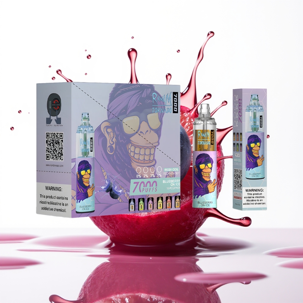 RandM Fumot Tornado 7000 Puffs سيجارة إلكترونية للاستخدام مرة واحدة Blueberry On Ice بشاشة RGB وشاحن Type-C وبطارية 850 MAH