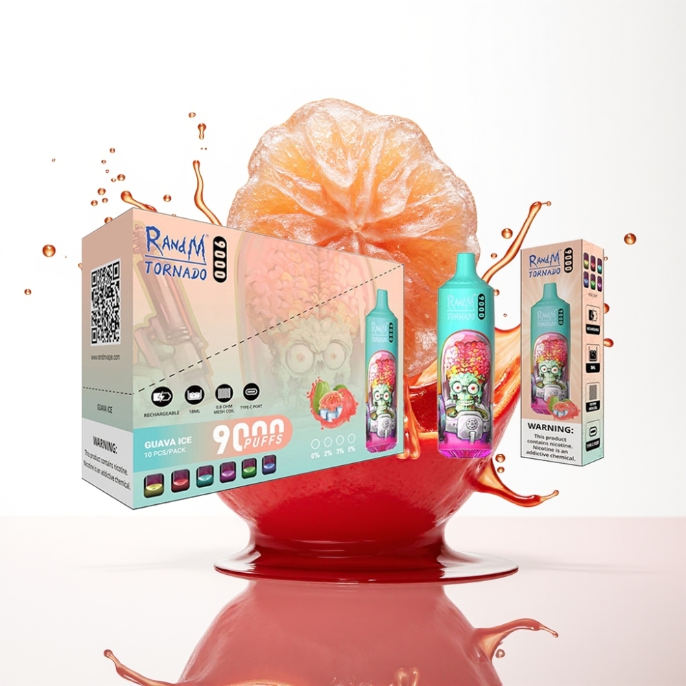 RandM Fumot Tornado 9000 Puffs سيجارة إلكترونية للاستخدام مرة واحدة جوافة آيس - 18 مل عصير، 850 مللي أمبير شاحن، شاشة RGB، 54 نكهة