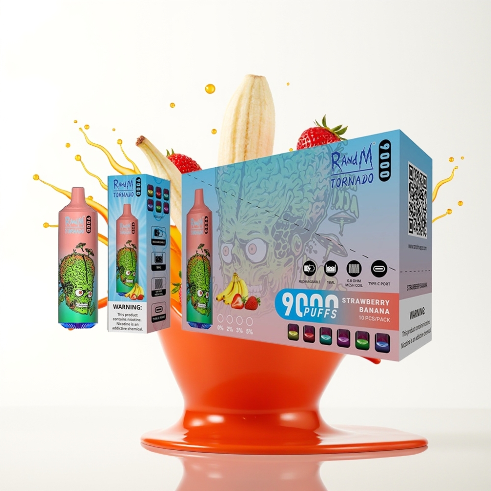 RandM Fumot Tornado 9000 Puffs سيجارة إلكترونية للاستخدام مرة واحدة فراولة موز - 18 مل عصير، شاشة RGB، 54 نكهة