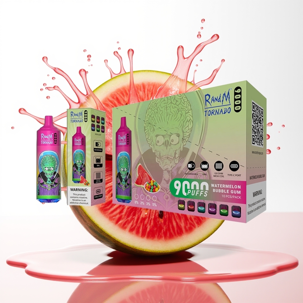 RandM Fumot Tornado 9000 Puffs سيجارة إلكترونية للاستخدام مرة واحدة 18mL بطيخ علكة فقاعية مع شاشة RGB وبطارية 850 مللي أمبير قابلة لإعادة الشحن