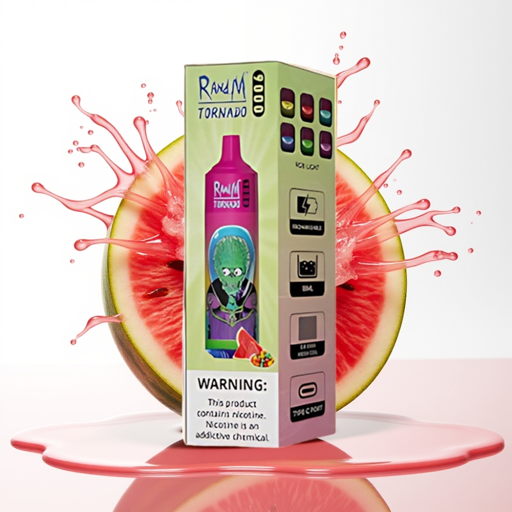 RandM Fumot Tornado 9000 Puffs سيجارة إلكترونية للاستخدام مرة واحدة 18mL بطيخ علكة فقاعية مع شاشة RGB وبطارية 850 مللي أمبير قابلة لإعادة الشحن