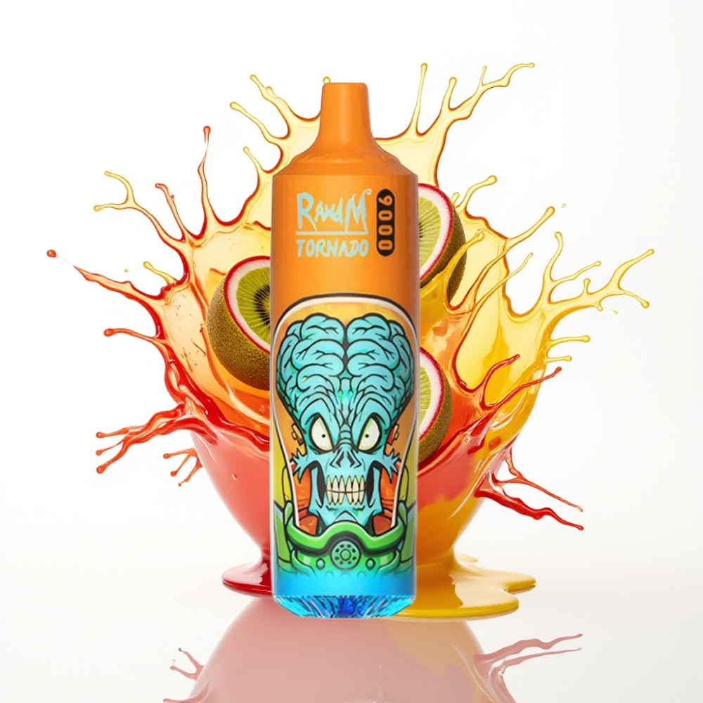 RandM Fumot Tornado 9000 Puffs 18mL ملف شبكي جهاز فاب قابل لإعادة الشحن بنكهة الكيوي والجوافة والعاطفة مع شاشة RGB أنيقة