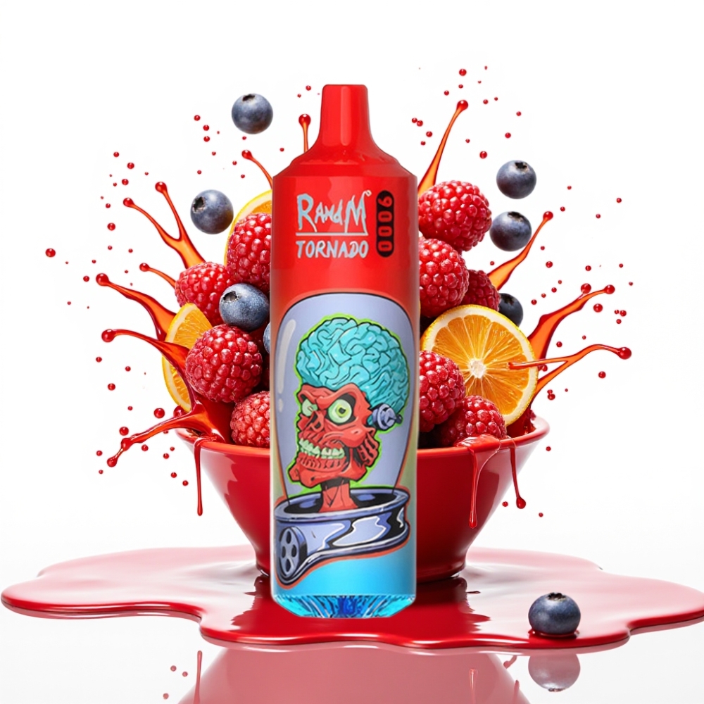 RandM Fumot Tornado 9000 Puffs 18mL بشريط توت متنوع بشاشة RGB وأنبوب شبكي