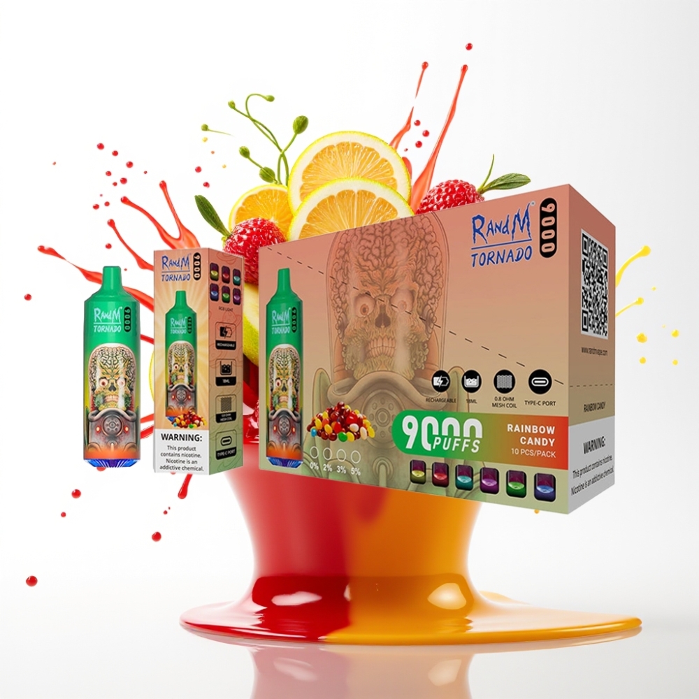 RandM Fumot Tornado 9000 Puffs بخاخ Rainbow Candy - شاشة RGB - 54 نكهة - 18 مل - 850 مللي أمبير